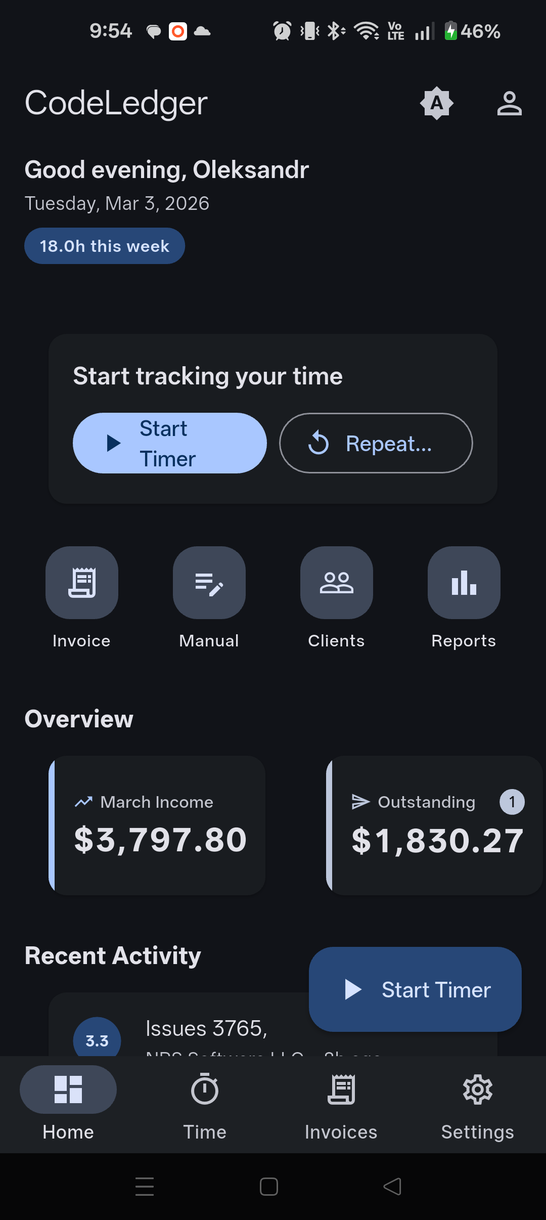 CodeLedger Dashboard screen