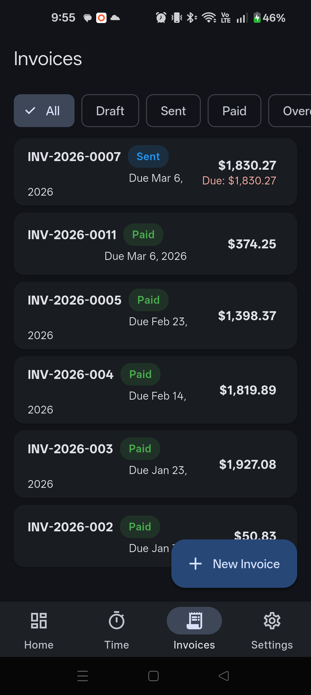 CodeLedger Invoices screen