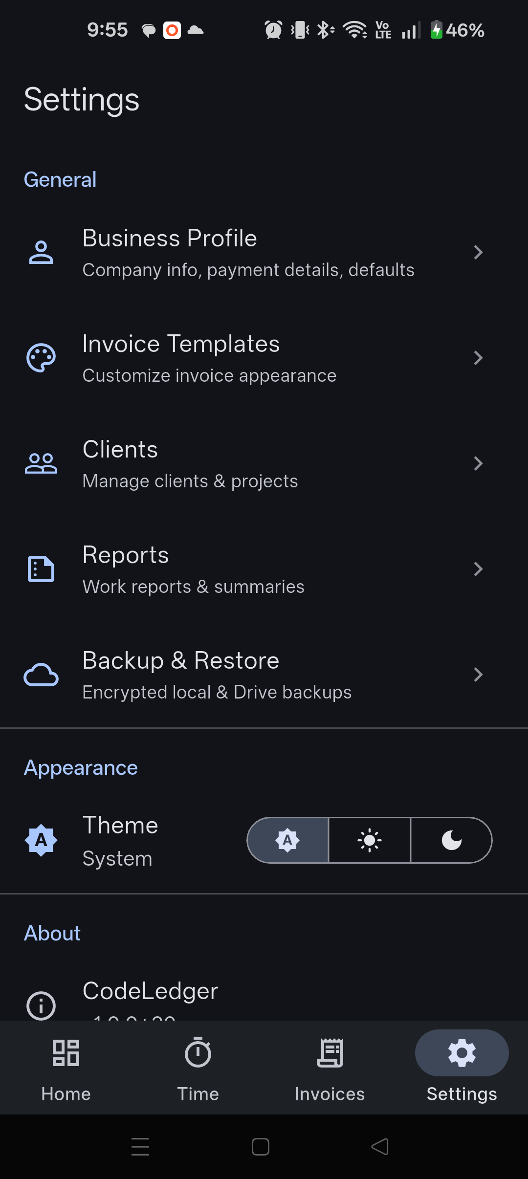 CodeLedger Settings screen