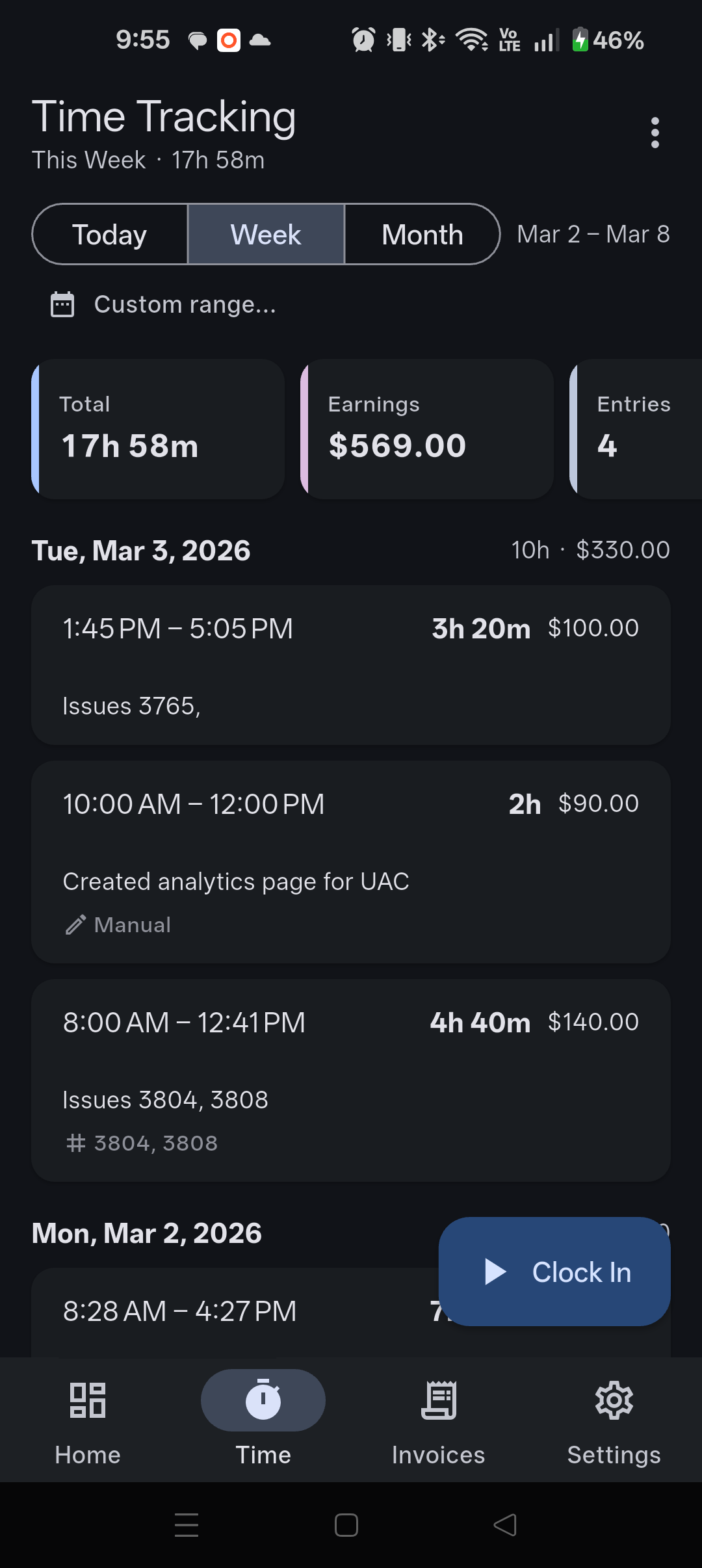 CodeLedger Time Tracking screen